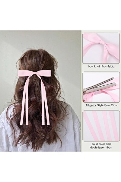 JZS Hair Bows Ribbon 6 Pcs Long Silky Satin Hair Clip Barrettes