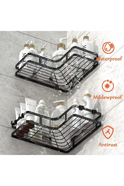 NO BRAND Shower rack, non drilling self-adhesive, with 4 hooks, 2-piece set, rust proof, black