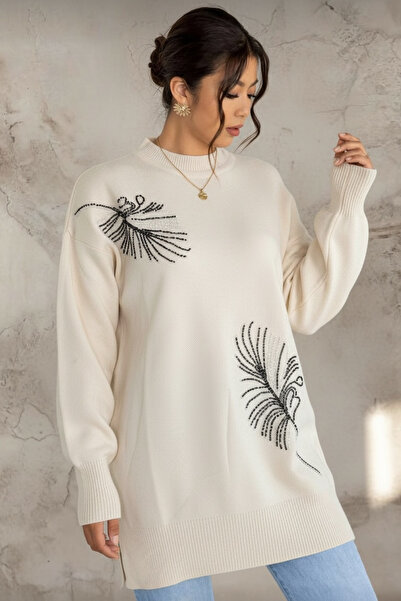 NEWCO Stone Printed Leaf Themed Knitwear Tunic Sweater with Side Slit Detail
