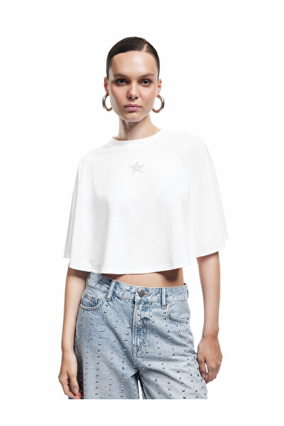 Koton Star Stone Detailed Crew Neck Crop Cape T-Shirt