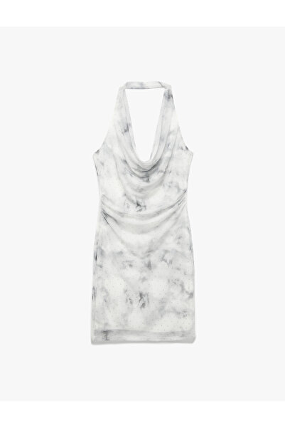 Koton Slim Fit Patterned Backless Drape Collar Mini Dress with Stones