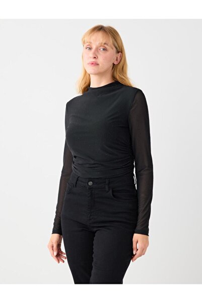 Jimmy Key Siyah Dar Kesim Uzun Kollu Dik Yaka Taşlı Mesh Örme Bluz