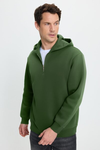 Tudors Unisex Relax Fit Comfortable Cut Cotton Fleece Inside Half Zipper Green K Hooded Sweatshirt