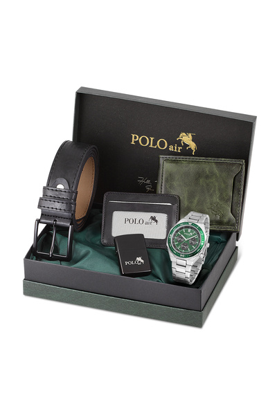 Polo Air Erkek Kol Saati Cüzdan Kemer Kartlık Çakmak Hediyelik Kutusunda Yeşi...