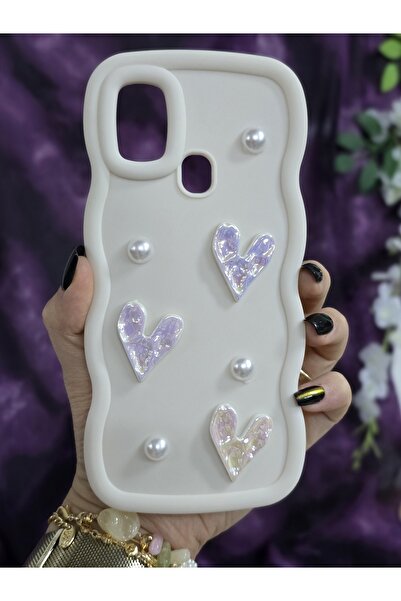 Magic Ring حافظة هاتف ناعمة وأنيقة متوافقة مع سامسونج جالاكسي A21S مع تفاصيل لامعة على شكل قلب ولؤلؤ