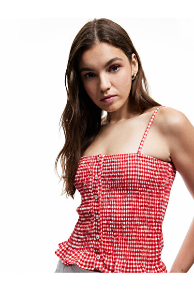 Koton Gipeli Buttoned Ruffled Slim Fit Gingham Crop Blouse with Rope Straps