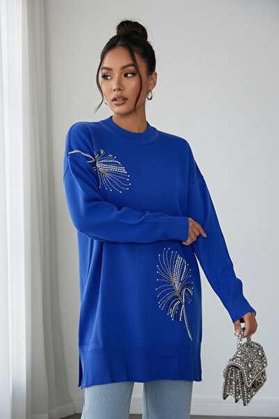 NEWCO Stone Printed Leaf Themed Knitwear Tunic Sweater with Side Slit Detail