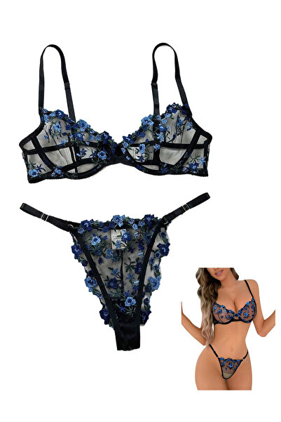 Sthxyfaith مجموعة ملابس داخلية نسائية مكونة من قطعتين مثيرة وجذابة مزودة بسلك سفلي وأشرطة رافعة للصدر ومطرزة على شكل قلب من شبكة شفافة