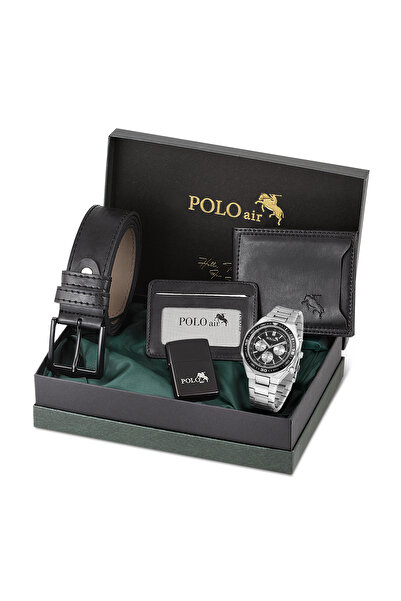 Polo Air Erkek Kol Saati Cüzdan Kemer Kartlık Çakmak Hediyelik Kutusunda Siya...