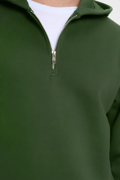 Tudors Unisex Relax Fit Comfortable Cut Cotton Fleece Inside Half Zipper Green K Hooded Sweatshirt