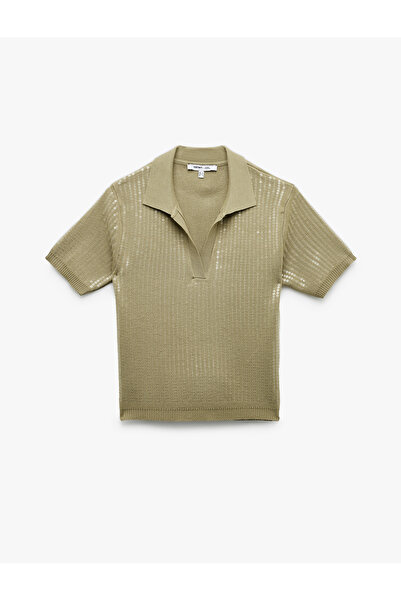 Koton Sequined Short Sleeve Knitwear Polo Neck Sweater