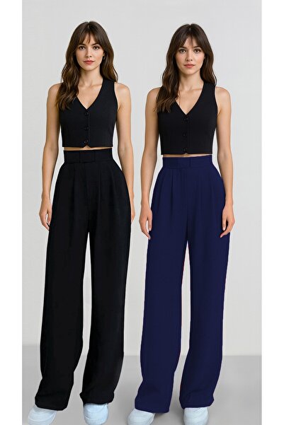 ALİNDA بنطلون نسائي بحزام فيلكرو عالي الخصر وواسع الساق بنطلون واسع الأرجل عبوة من قطعتين