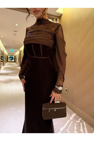 Generic Luxurious Korean velvet evening gown with exquisite lace - artistic draped design in a royal chocolate color