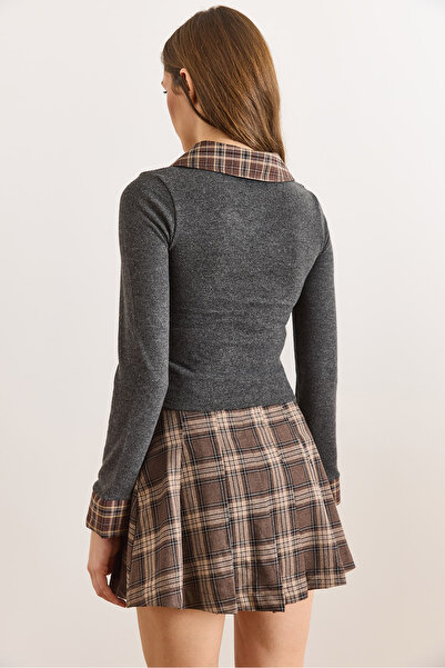 Olalook Γυναικείο καρό πουκάμισο ανθρακί με λεπτομέρεια μαλακή μπλούζα BLZ-19003183