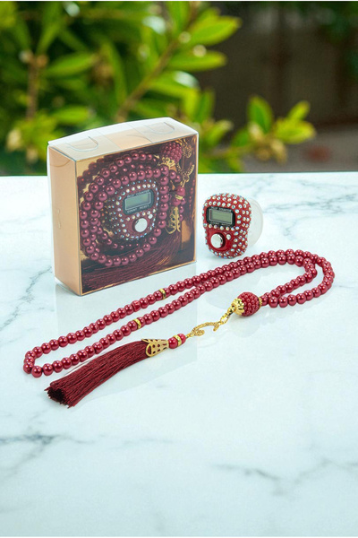 ihvan online Gift Stone Zikirmatik and 99 Pearl Prayer Beads Set in Box - Red