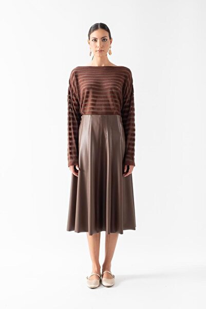 Spazio Rinuccia Altı Parça Kloş Deri Etek KAHVE