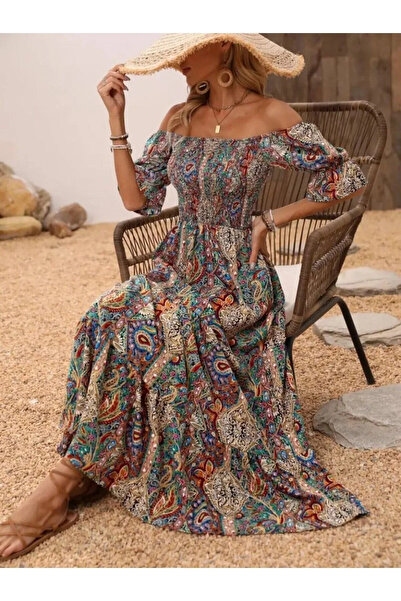 Kokosh moda فستان طويل نسائي منخفض الكتفين بخصر فستان بتجاعيد مجمّعة من الألي...