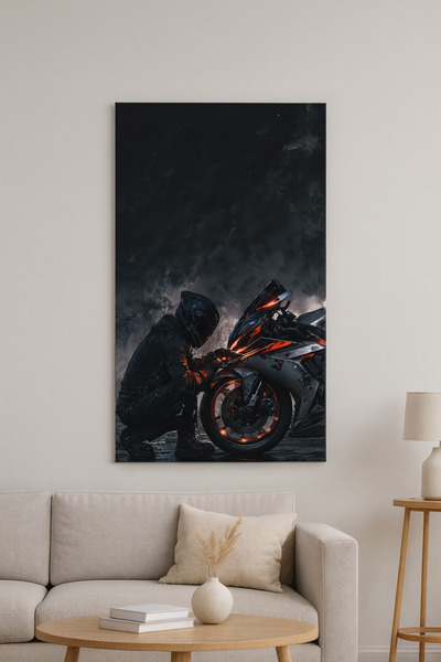 BLT DİZAYN Black Helmeted Biker Glass Painting