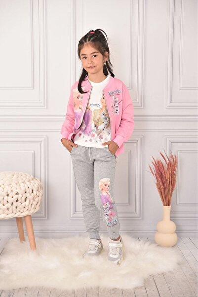 LİLLYPİCCA Girl's FROZEN Patterned TWO THREAD CARDIGAN - Long sleeve sweatshirt - Gray pocketed bottom tracksuit 3-Piece Set