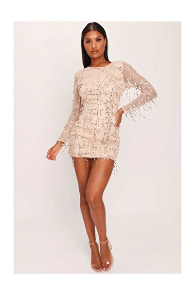 elissaa BİSİKLET YAKA SAÇAKLI PULLU MİNİ ELBİSE