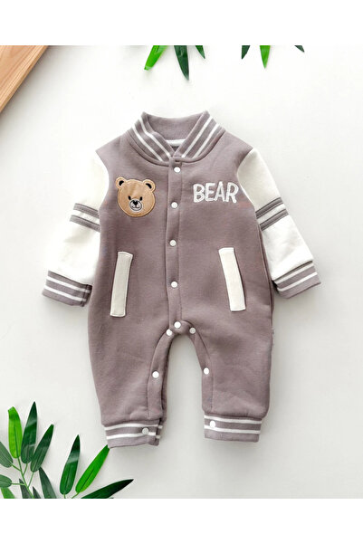 hümabebe Bear Printed Pocket Detailed Boy's Winter Overalls with Snap Fasteners Fleece-Lined