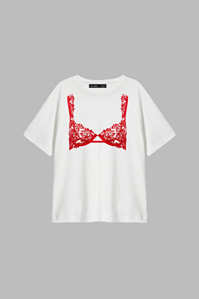 CİNEMA MODA Sutien roșu cu imprimeu croi relaxat Alb Femei tricou