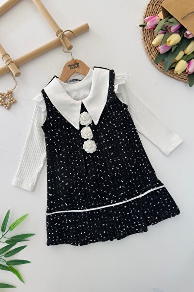 Minigimin Cicileri Φόρεμα από τουίντ με λεπτομέρεια ροζ και κοριτσίστικο σετ Badi για το μικρό μου - Μαύρο
