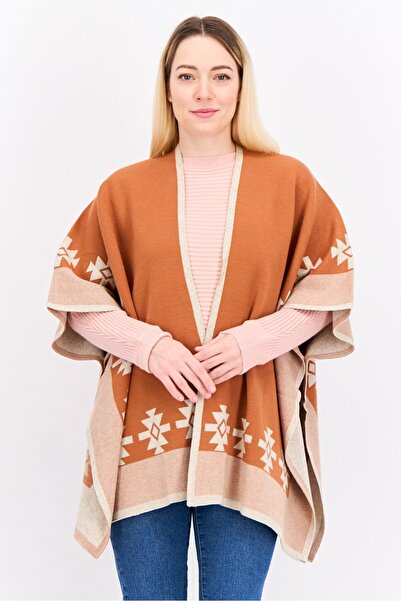 Poof Women Graphic Print Poncho Sweater, Brown