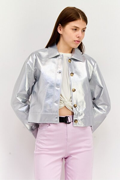 NIA Women Metallic Leather Motor Jacket, Silver