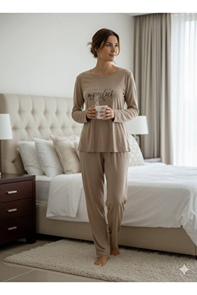 LİMİSSİ Women's Modal Fabric 100% Cotton Written Luxury Pajama Set