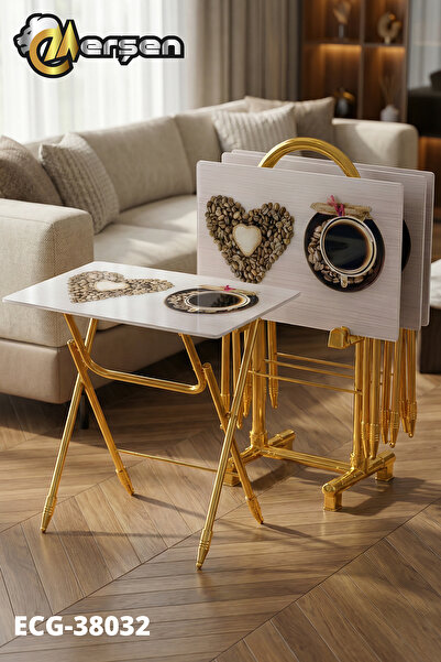 Erşen Sehpa Eranş Serisi 4'lü Katlanır CAM Kahve Desen Çanta Zigon Sehpa Gold...