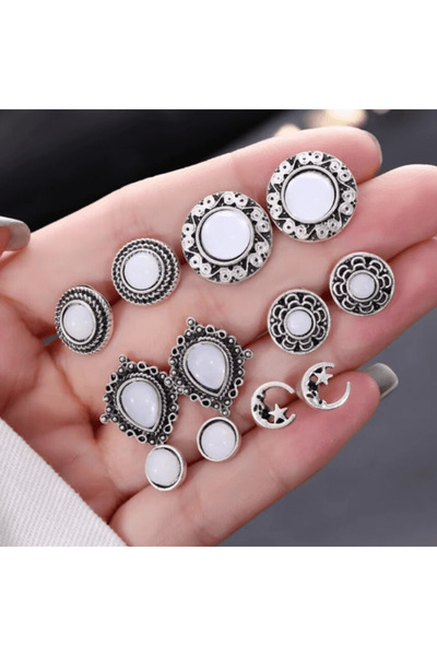 CRM Set de 6 perechi de cercei pentru femei, CRM, alb/argintiu