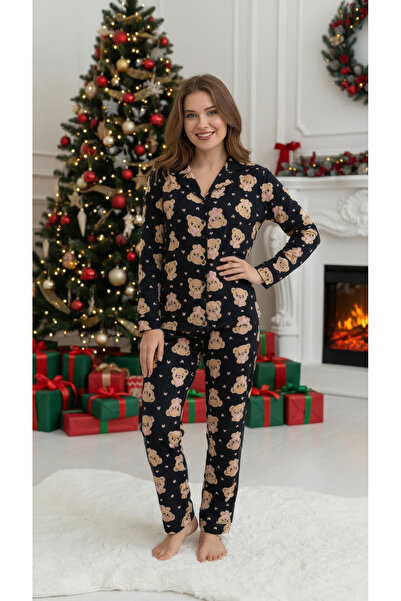 rindahomewear Women's Christmas Themed Patterned Soft Textured Suede Knitted Pajama Set