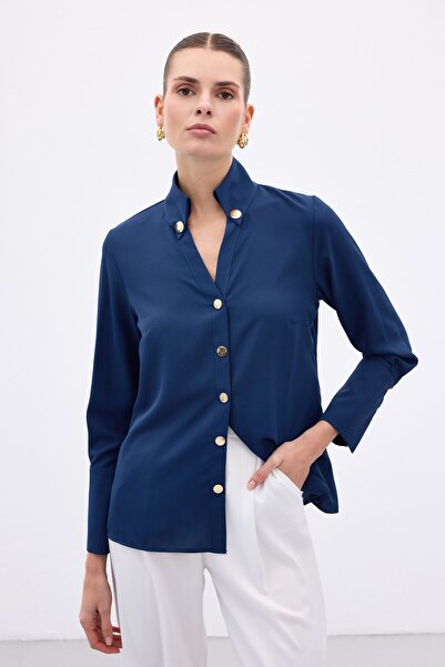 Sateen Snap Detailed Shirt - Indigo