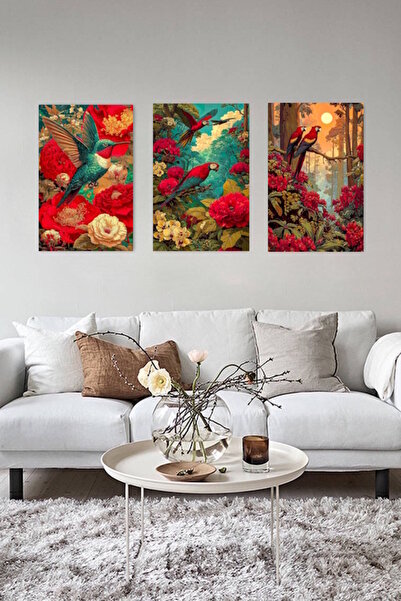 özkacar KIRMIZI DESENLİ ÖZEL ÇİZİMLER AİLE KUŞ 3 LÜ Ev Duvar Salon Güzellik S...