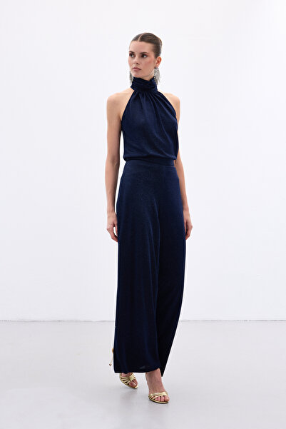 Sateen Sleeveless Shiny Blouse - Navy Blue