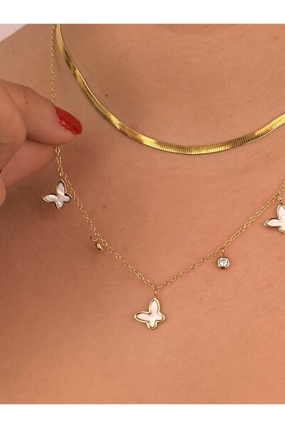 Furtek Aksesuar Butterfly Pendant Multi-Layered Stainless Steel Non-Tarnish Necklace Combination Set Italian Chain Pearl Detail Gold Plated