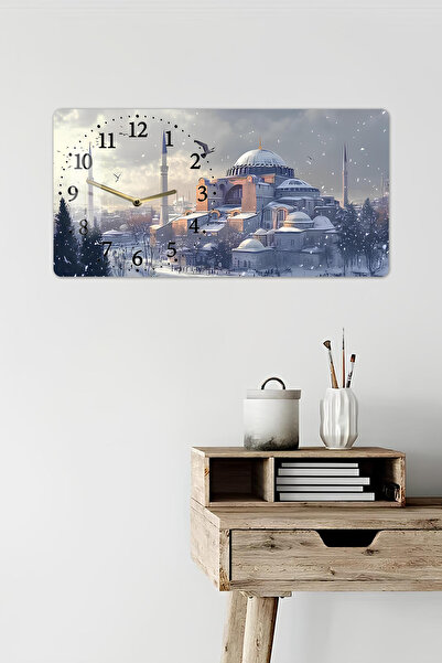kutuTR 3D Görünümlü 2D UV Baskı Temperli Cam Saat Tablo – Kış Manzaralı Ayasofya Tasarımı – 60x30cm -YSL004