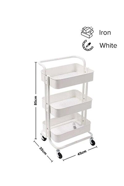 ALMUFARREJ 3-Tier Multipurpose Rolling Shelves Metal Cart Organizer White 85x45x35cm