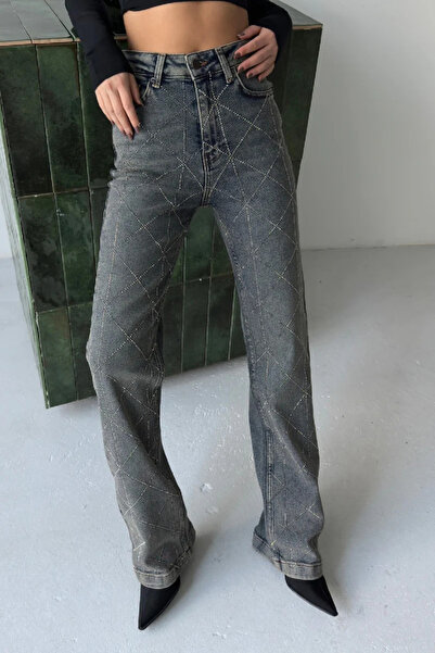 Coşkun GİYİM Women's High Waist Diamond Pattern Stone Denim Trousers Dark Blue 7106-28
