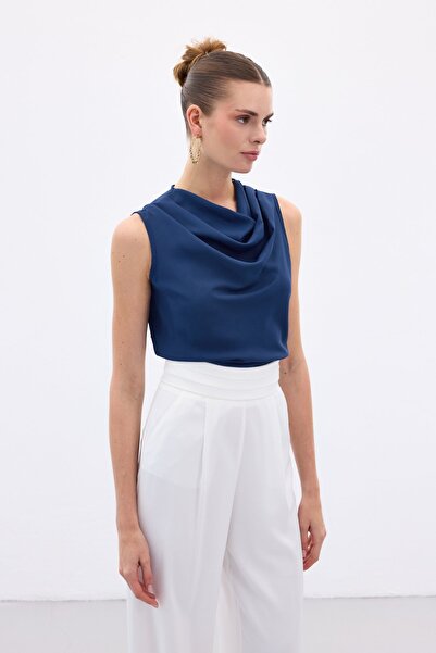 Sateen Degaje Collar Sleeveless Blouse - Indigo
