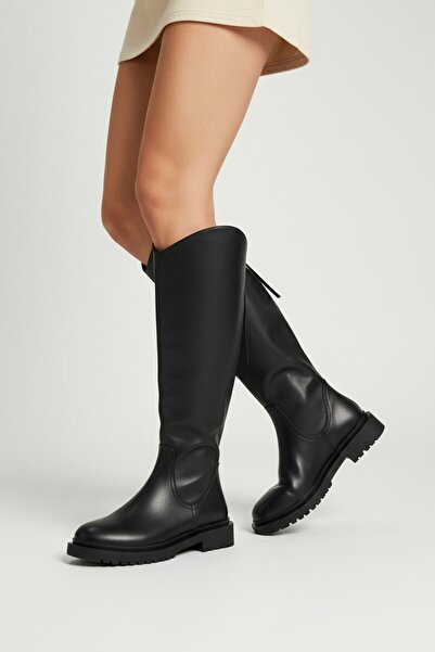 ANGEL BLUE WOMEN'S GENUINE LEATHER BOOTS WITH THICK HEEL CRL14991 Black Leather cu inaltime totala de 47 cm