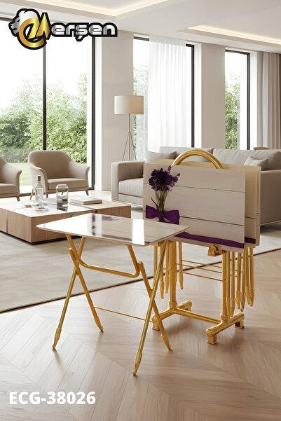 Erşen Sehpa Eranş Serisi 4'lü Katlanır CAM Mor Çiçek ve Kurdele Desen Çanta Z...