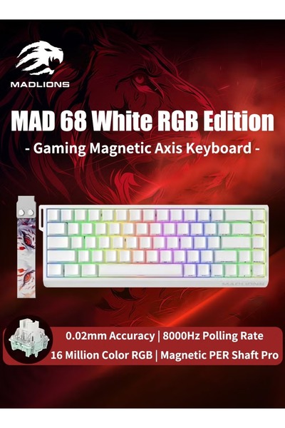 Madlions لوحة مفاتيح ميكانيكية Mad68 HE RGB بمفاتيح مغناطيسية قابلة للتبديل السريع 8000 هرتز 0.02 مم FPS لوحة مفاتيح ألعاب بيضاء