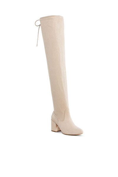 london Rag حذاء نسائي طويل حتى الركبة بتفاصيل رباط بسيطة باللون البيج