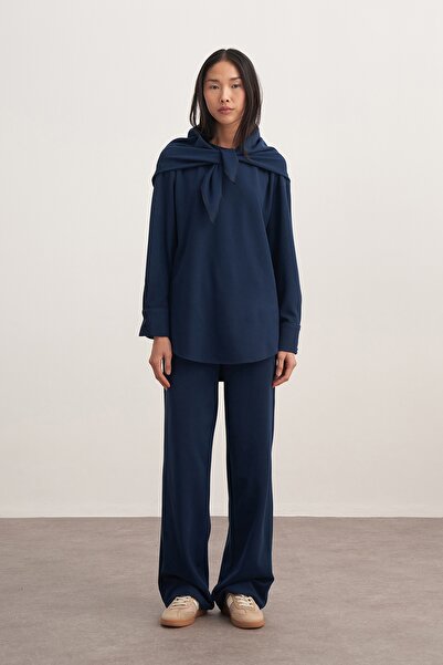 EBU Prive Women's 3-Piece Pants Set with Shawl Accessories Navy Blue