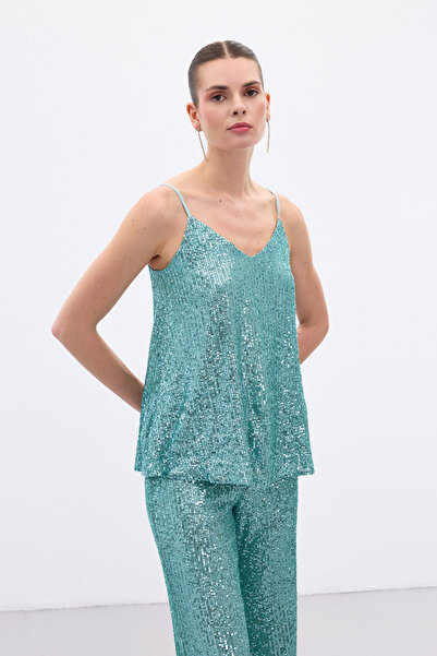 Sateen Sequin Detailed Strap Blouse - Mint
