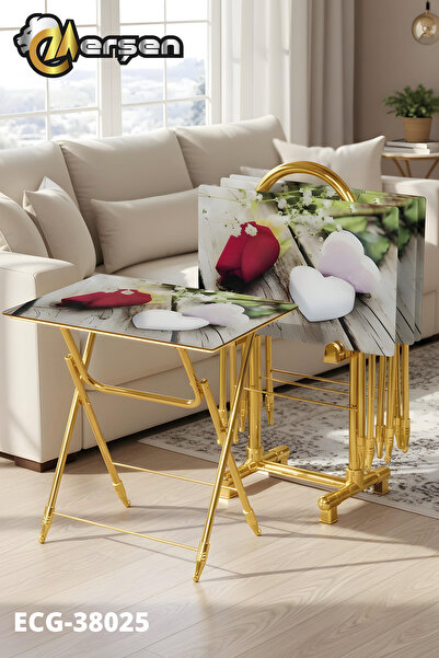 Erşen Sehpa Eranş Serisi 4'lü Katlanır CAM Gül ve Kalp Desen Çanta Zigon Sehp...