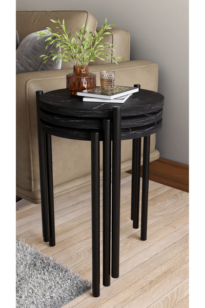 alpaevmobilya 3'lü Yuvarlak Zigon Sehpa Seti | Metal Ayaklı Salon Oturma Odası Yan Sehpa - Kahve Sehpası