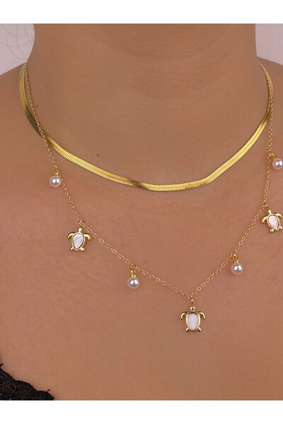 Furtek Aksesuar Karetta Turtle Pendant Multi Steel Non-Tarnish Necklace Combination Set Italian Chain Gold Plated